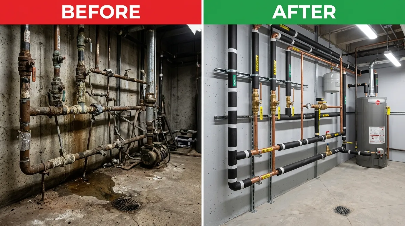 Commercial Pipe Replacement and Mechanical Room Upgrade Before and After by Arch Louis Plumbers in St. Louis MO
