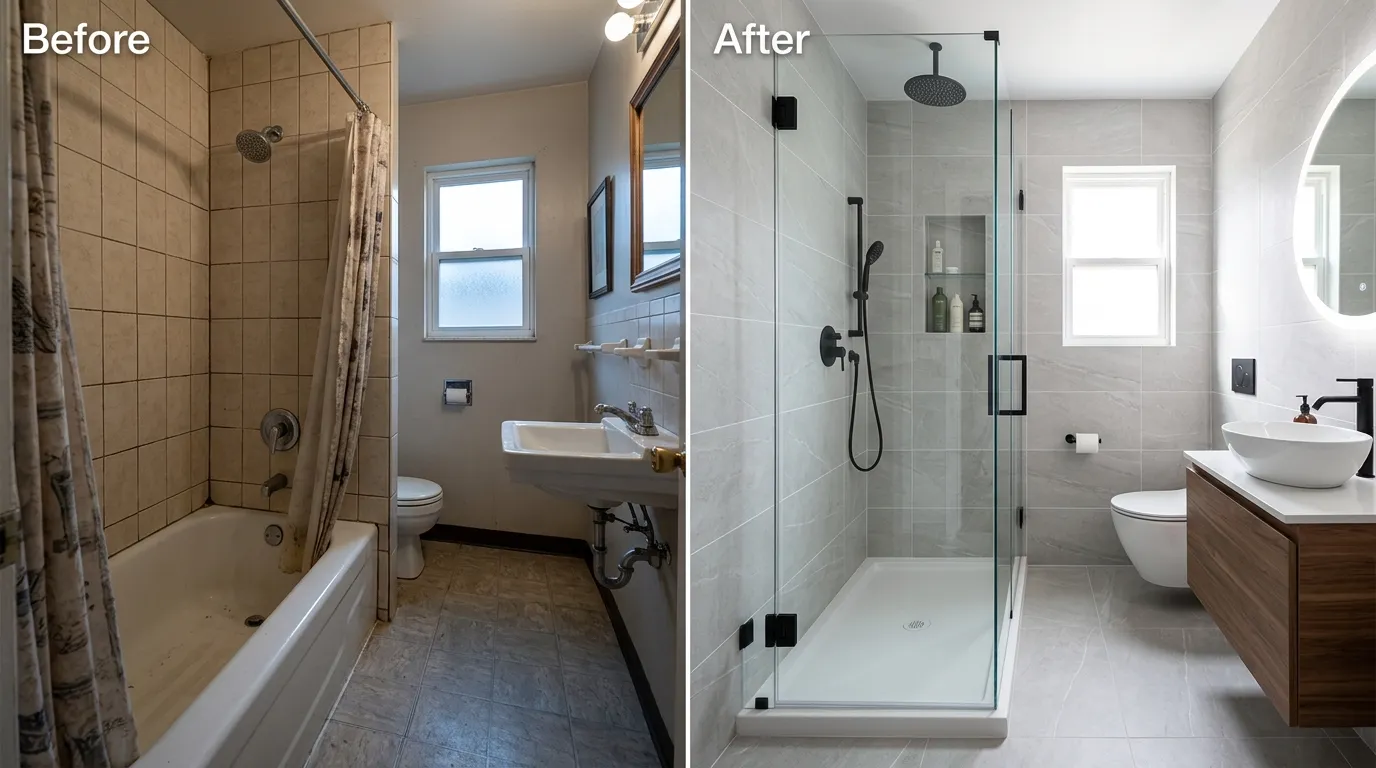 Complete tub-to-shower conversion before and after by Arch Louis Plumbers in St. Louis MO