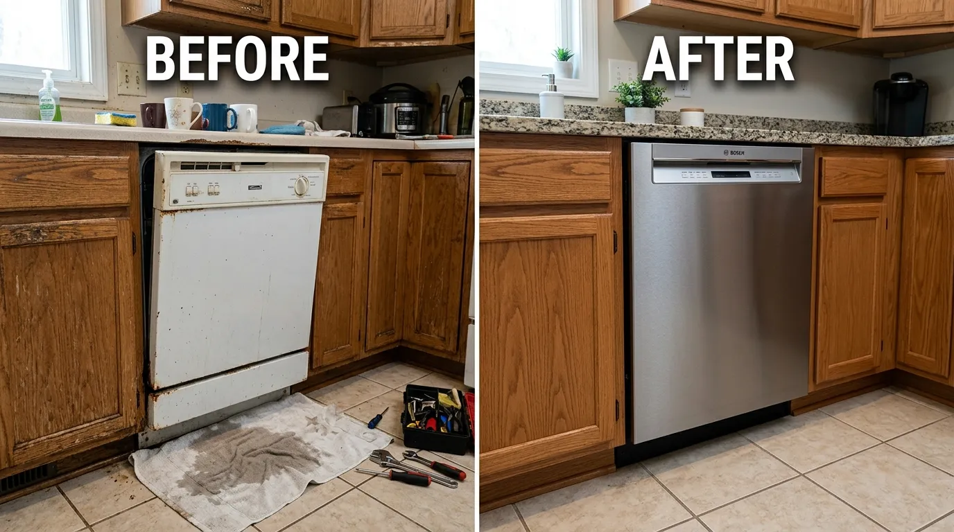 Dishwasher replacement installation before and after by Arch Louis Plumbers in St. Louis MO showing professional plumbing connections and clean kitchen setup