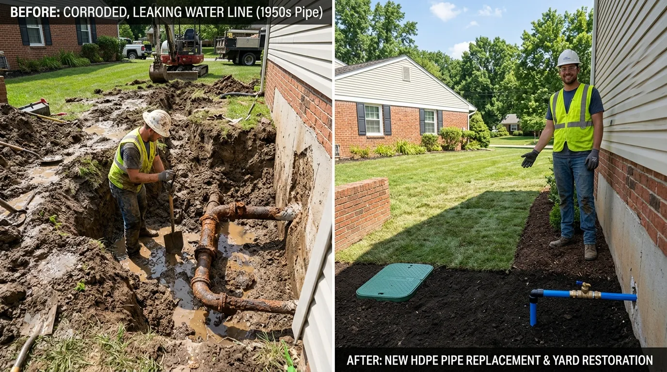 Main water line replacement and yard restoration before and after in St. Louis by Arch Louis Plumbers