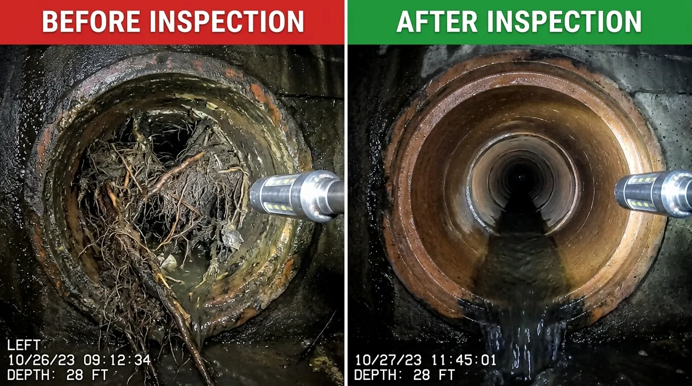 Sewer Camera Inspection Root Removal Before and After - Arch Louis Plumbers St. Louis MO