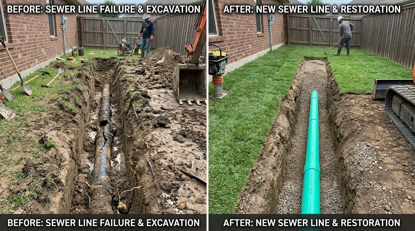 Before and after sewer line replacement with yard restoration by Arch Louis Plumbers in St. Louis MO