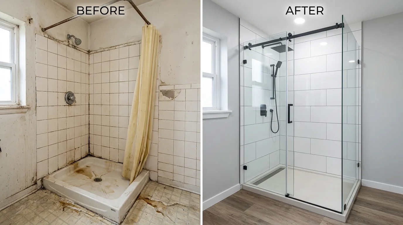 Shower replacement renovation before and after by Arch Louis Plumbers in St. Louis MO