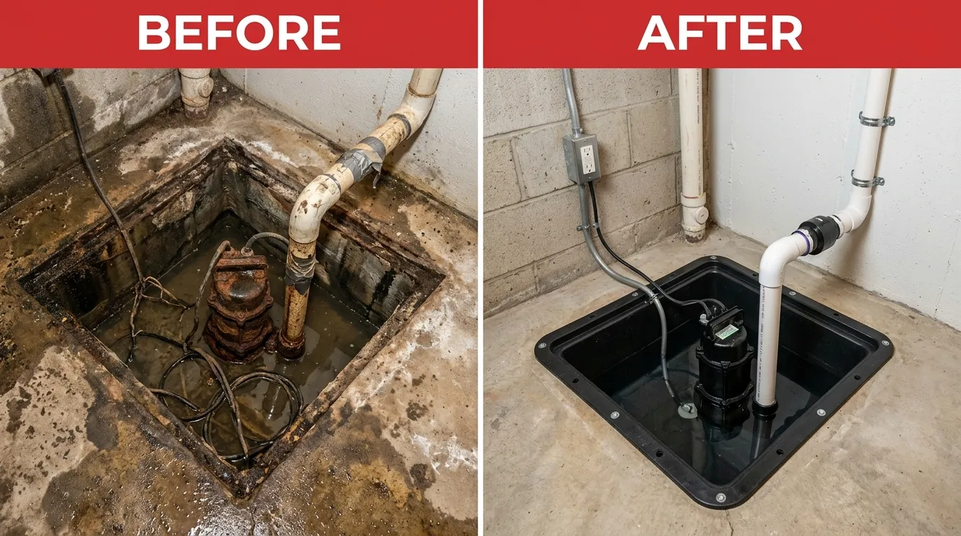 Sump Pump Replacement and Installation Before and After - Arch Louis Plumbers St. Louis MO