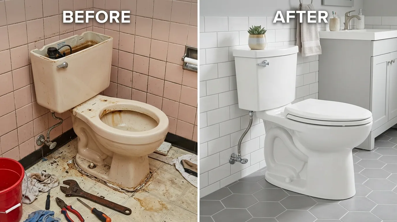 Toilet Replacement and Installation Before and After by Arch Louis Plumbers in St. Louis MO