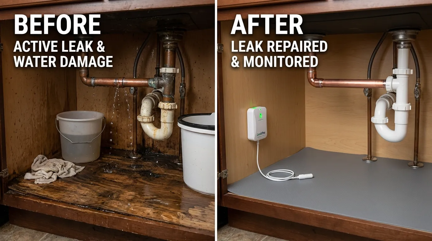 Under-Sink Leak Repair and Smart Leak Detection Installation Before and After by Arch Louis Plumbers in St. Louis MO