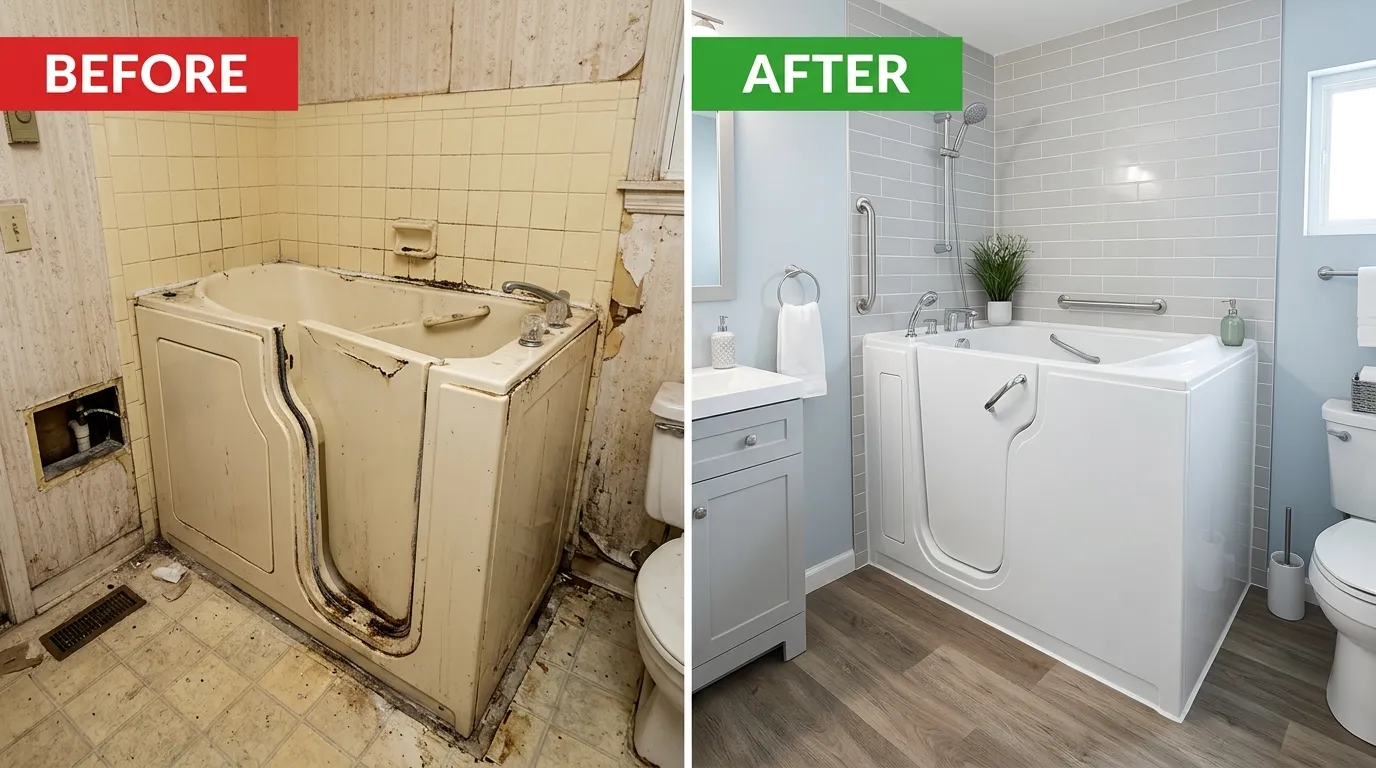 Walk-in bathtub replacement and accessible bathroom upgrade before and after by Arch Louis Plumbers in St. Louis MO