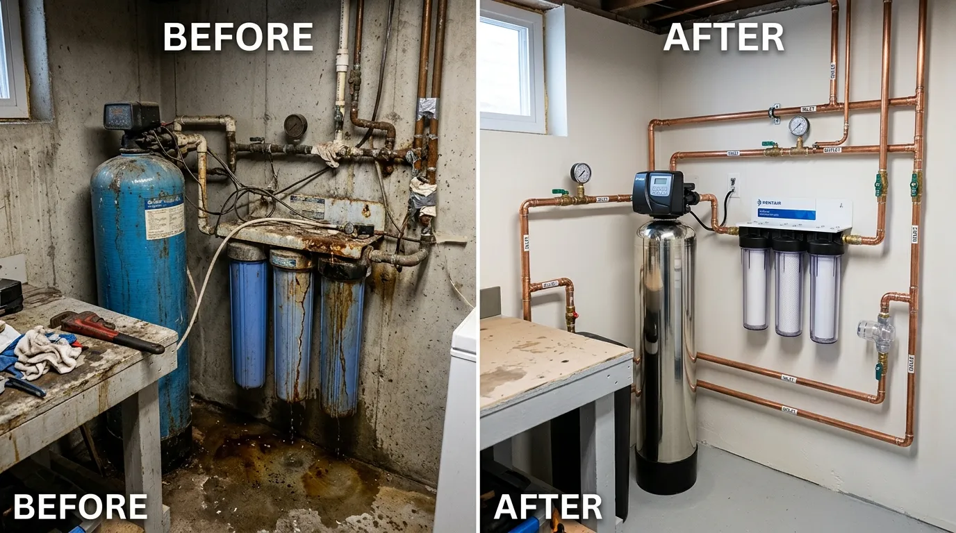 Water filtration system installation and basement plumbing upgrade before and after by Arch Louis Plumbers in St. Louis MO