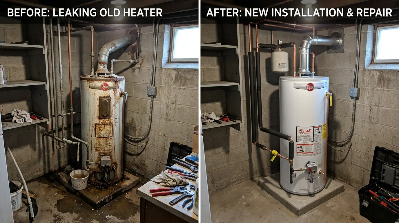 Water heater replacement professional installation before and after in St. Louis by Arch Louis Plumbers